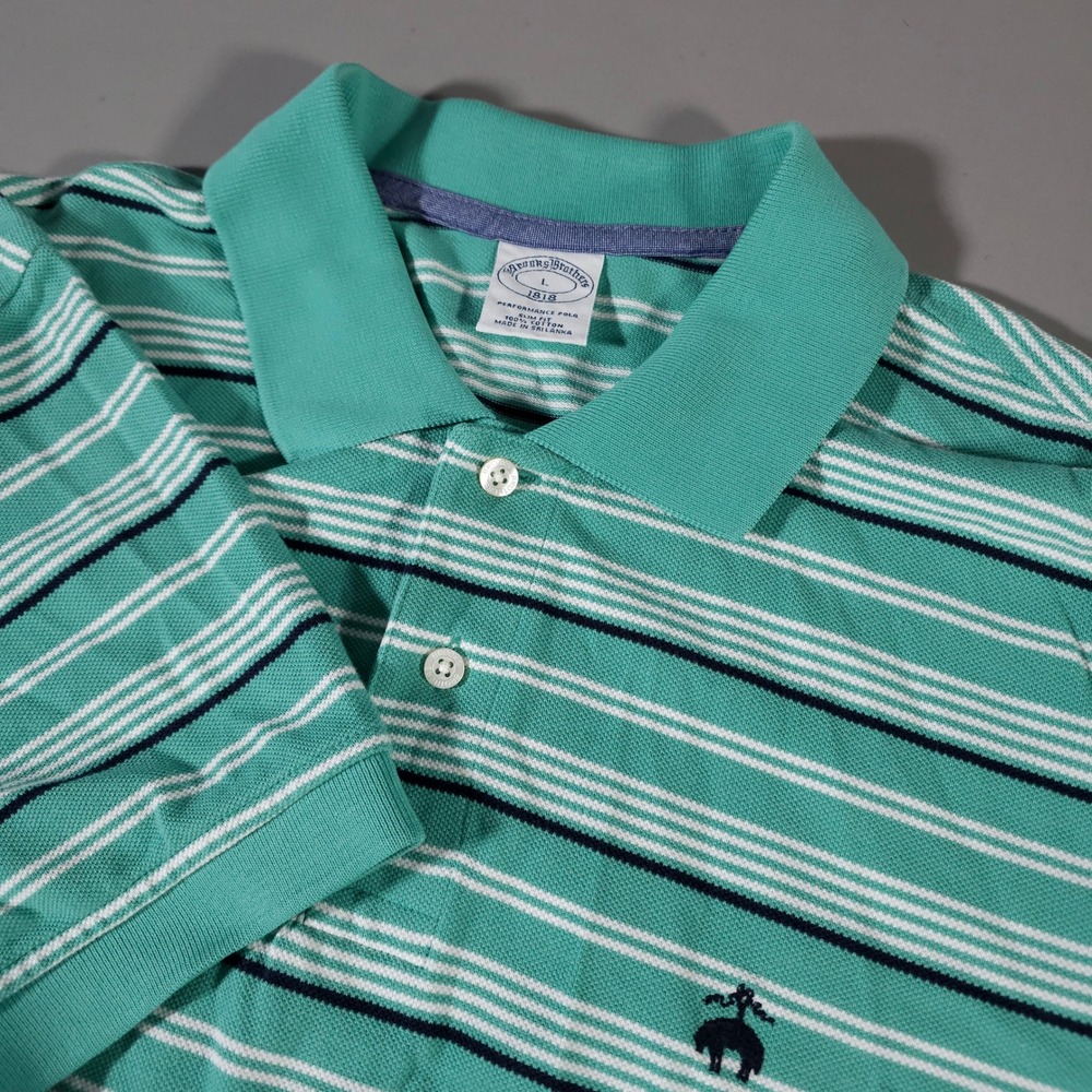Brooks Brothers Polo Shirt Mens L Green Striped Slim Fit Performance Cotton 1818